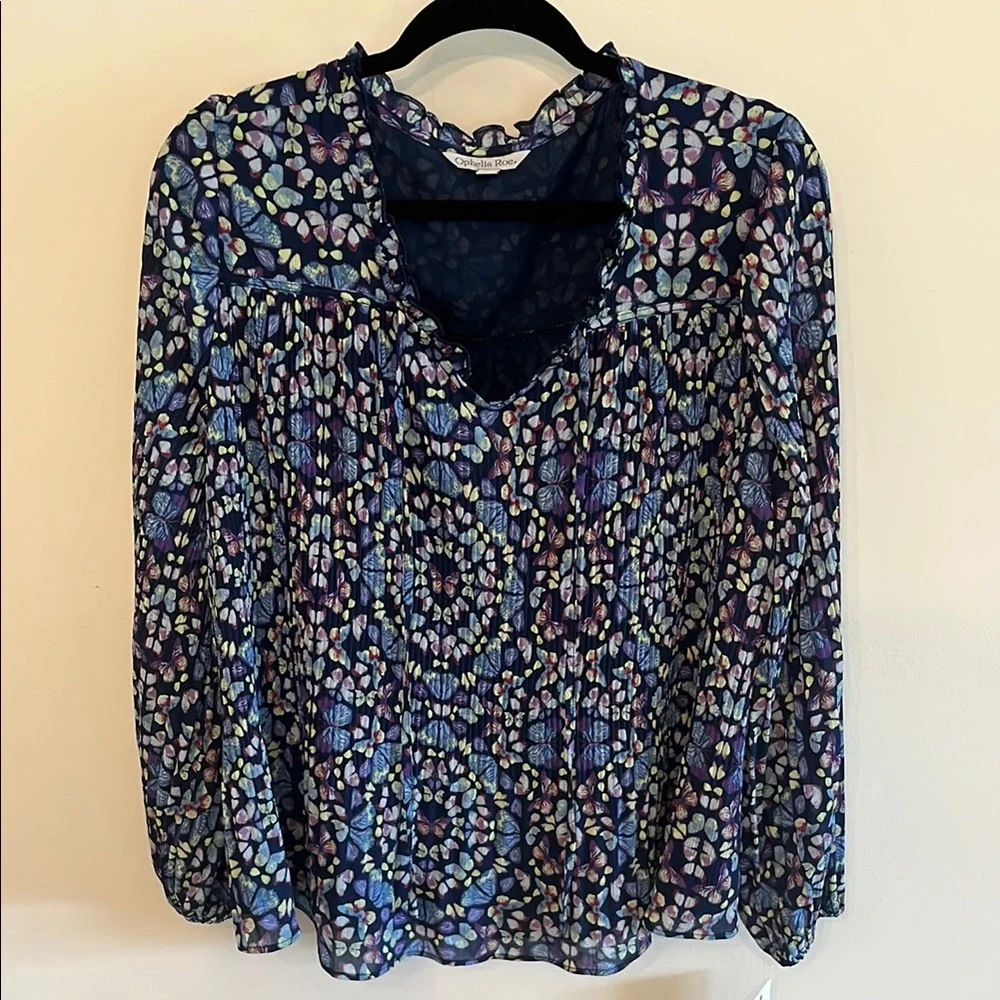 Ophelia Roe Graphic Blue and Black Long Sleeve Blouse